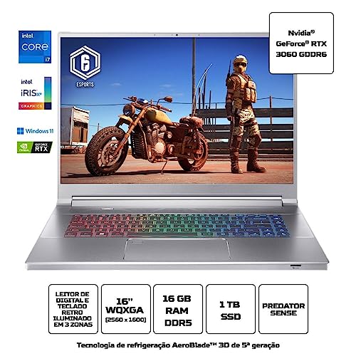 Notebook Acer Predator Triton PT316-51S-78V9 i7 12ª Windows 11 Home RTX3060 16GB 1TB SSD 16” glide