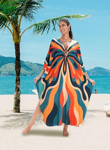 Image of Yanziliu Kaftan Dress for Women,Plus Size Hawaiian Batwing Sleeve Beach Cover Up Summer Swimsuit Dresses