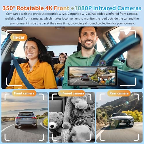 Image of CARPURIDE 11.26 Inch HD Wireless Carplay & Android Auto Screen, 4K +1080P+1080P Dash Camera for Cars with 64GB Card, with Loop Recording, Bluetooth, GPS, FM, Super Link