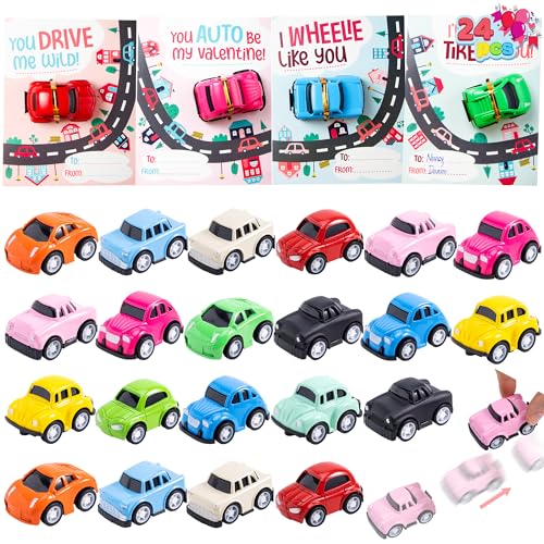JOYIN 24 Pack Valentines Day Greeting Card with Pull Back Car Vehicle Toys, 12 Design Colorful Mini Cars for Valentine's Party Favors, Valentine's Classroom Gift Exchange Game Prizes for Kids