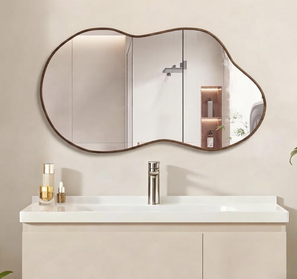 Image of Alfa Design Asymmetrical Mirror with Wood Frame Irregular Bathroom Mirror Decorative Wall Mirror Large 20 inchx30 inch Vintage Mirrors