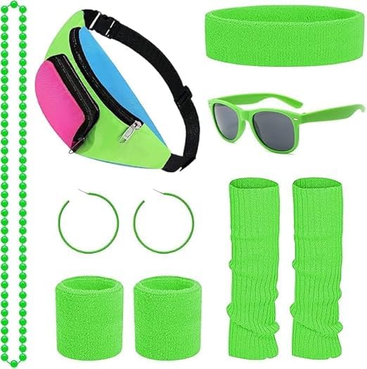 Dazzroi 80s Fancy Dress Costumes, 1980s Retro Sport Accessories Sets with Bumbag Headband Wristbands Leg Warmers Eyeglasses Earrings Necklace, Neon Outfit for Women 80s Party, Dress up Party (green) — image 1
