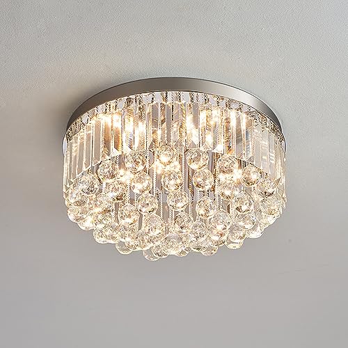 Grand plafonnier chrome rond 17,7 pouces avec cristaux et éclairage LED