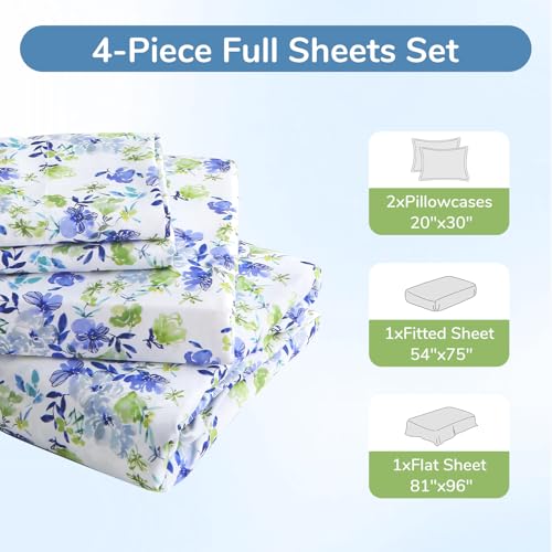 Image of MUXHOMO Full Size 4 Piece Sheet Set, Soft & Breathable Sheet Set for Bedroom with Deep Pocket Up to 16 inch, Wrinkle-Free & Cooling Bed Sheet with Flat Sheet, Fitted Sheet & Pillowcases - Aqua Bloom