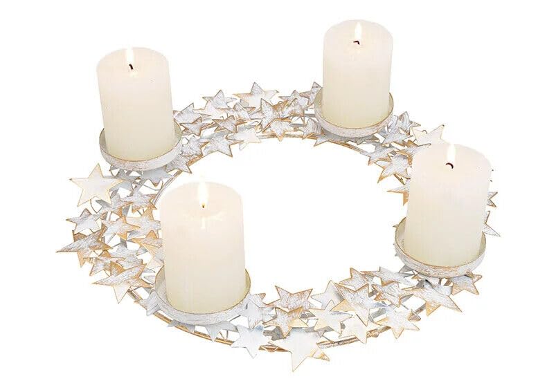 Adventskranz 40 cm Sternenkranz Sterne Metall Weihnachten Kerzenhalter Kranz weiß-Gold (ohne Kerzen)