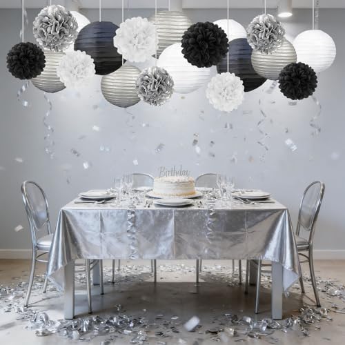 Image of 18 PCS Black White Silver Paper Lanterns & Tissue Paper Pom Poms for Men's Birthday, Graduation 2026, Wedding, Hanging Paper Decor for Indoor Outdoor Events Theme Party Supplies