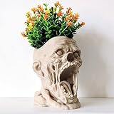 Skull Flower Pot, Horror Skull Planter with Spine Stand Candy Bowl, Realistic Zombie Shaped Planter Pot, Skull Head with Brain for Home Office Indoor Desk Decorations (Beige)