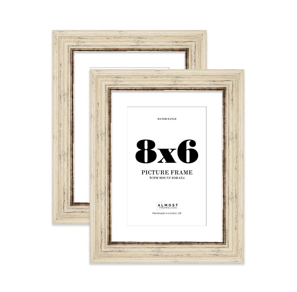 8x6 Distressed Cream Picture Frame - 8x6 Frame with 6x4 Mount for 8x6/6x4 Pictures Vintage Style Classic Interior Design Décor, 2 Pack — image 1