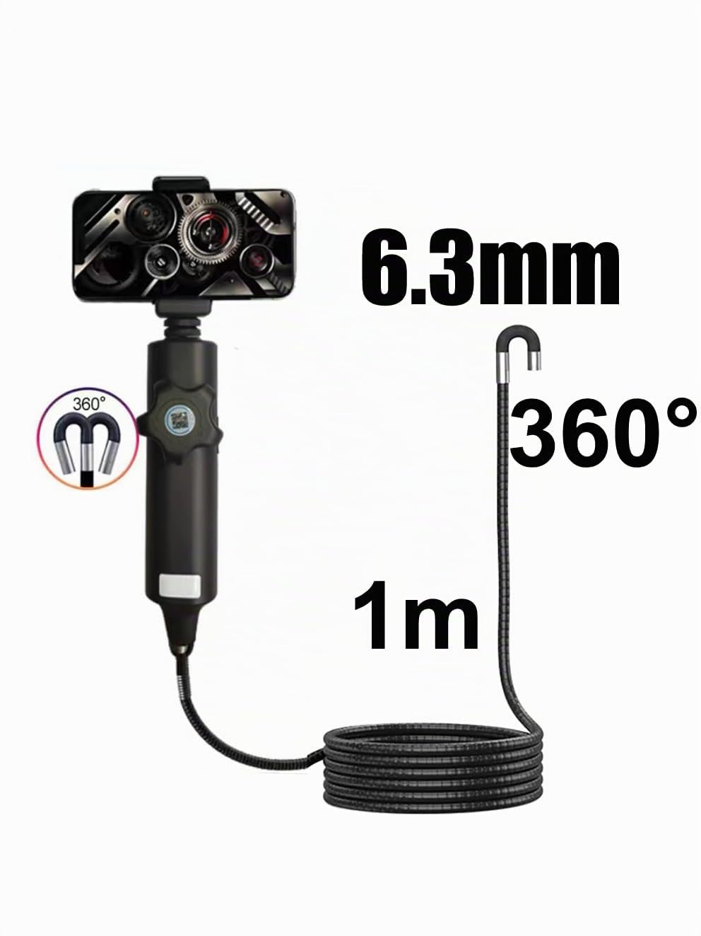 Endoscopio articulado bidireccional, cámara de inspección 350°, lente 6 mm, cable 1 m, IP67, para automóviles y fontanería