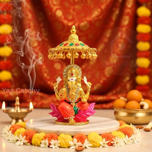 Image of Lord Ganesha Car Dashboard Idol & Crystal Stones Hindu God Ganpati.Believed to Protect and Bless Travelers on Their Journeys. (Umbrella Colour)