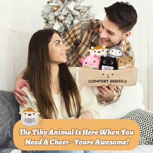 Image of Emotional Support Plush Animal Set,6 Pcs Cute Animals Plush Toys and Fun Stuffed Animals with Positive Words,Soft Emotional Support Plushies with Basket,Positive Gifts for Kids,Men,Women