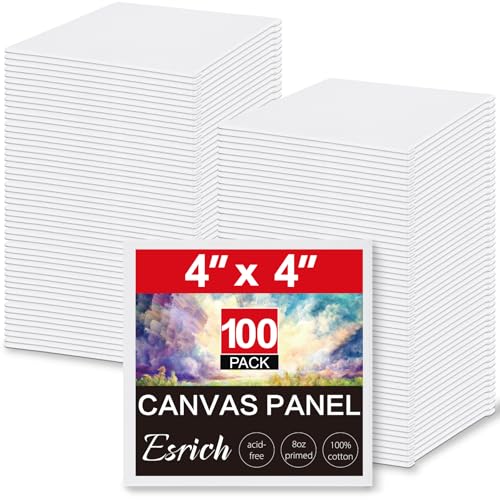 ESRICH Canvas Boards for Painting 100 Pack Canvases for Painting 4x4 100% Cotton Small Paint Canvas Primed Acid Free Mini Blank Canvas Panels for Oil Paint Watercolor Acrylic Paint Gouache&Tempera.