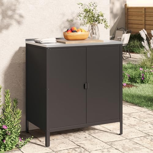 casa.pro Armoire Basse de Jardin Meuble de Rangement pour Extérieur et Intérieur Placard Polyvalent avec Portes et Étagères pour Terrasse ou Balcon Acier Laqué 92 x...