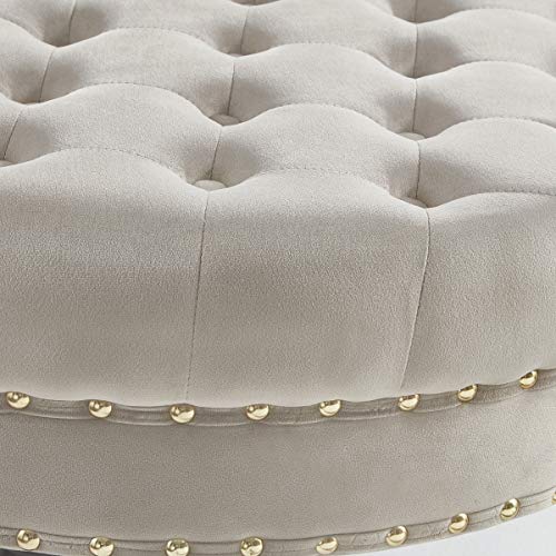 24Kf Large Round Upholstered Tufted Button Velvet Ottoman Coffee Table, Large Footrest Bench With Golden Casters Rolling Wheels-Taupe/Golden #TOP3