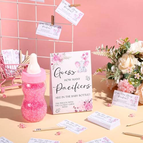 Image of Roowest 512 Pcs Baby Shower Games Guess How Many Pacifiers Sign 100 Small Guessing Games 10 HB Pencils 750ml Milk Bottle 400 Acrylic Pacifiers Decoration for Guest Gender Reveal(Pink,Elephant)