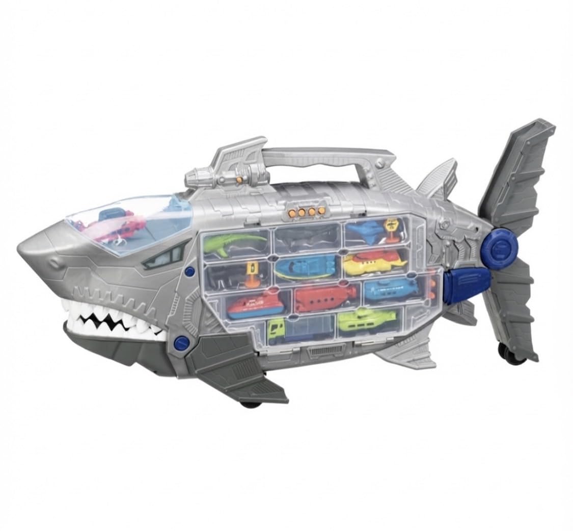 FAHAAM New|| Shark Transporter Playset with Mini Vehicle Storage,18 pieces includes an assortment of boats, submarines, aquatic animals, and signs, Perfect for hours of fun for kids, For 3+ Years||