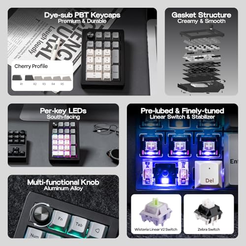 Image of EPOMAKER EK21 VIA Gasket Number Pad with 1000mAh Battery, BT 5.0 /2.4ghz /Wired Hot-Swap Numpad with Aluminum Alloy knob, Programmable for Win /Mac /Gaming (Black Silver, Wisteria V2 Switch) | Hot-Swap Numpad with Aluminum Alloy knob, Programmable for Win /Mac /Gaming (Black Silver, Wisteria V2 Switch)