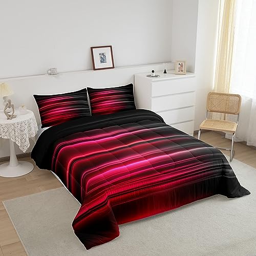Image of Feelyou Abstract Ombre Bedding Set Full Size, Red and Black Comforter Set Red and Black Striped Comforter for Kids Toddler Red Black Gradient Duvet Set Lightweight Quilt Set