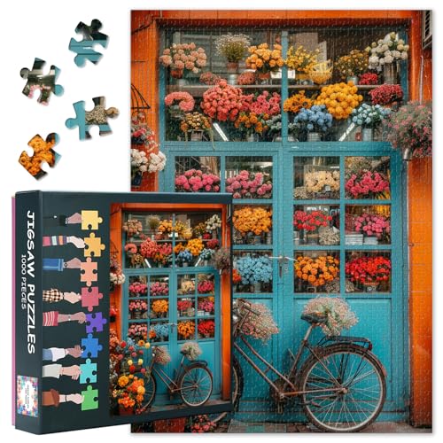 Puzzle 1000 Teile für Erwachsene - Idyllisches Motiv, Fahrrad vor charmantem Blumenladen, Premium Kunstwerk-Puzzle 1000 Teile - Format 50x70cm