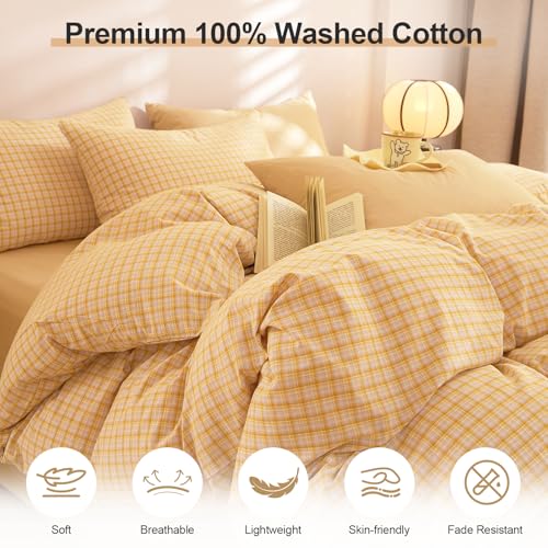 Image of EAVD Yellow Gingham Duvet Cover Twin Size Washed Cotton Bedding Set 3 Pieces Grid Plaid Duvet Cover Set Modern Grid Checkered Bedding Set with 2 Pillowcases Farmhouse Gingham Comforter Cover