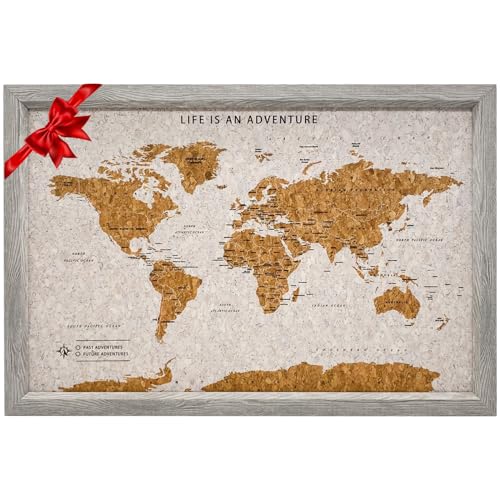 Splosh Mappa di viaggio incorniciata - Piccola bacheca in legno grigia con 100 perni. Mappa del mondo in legno, regalo di viaggio con mappa in sughero. Segna le tue avventure veloci e future!