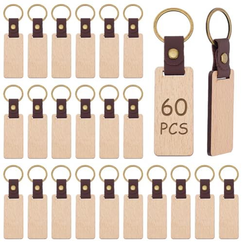 Porte-clés en bois de hêtre rectangulaire avec attache cuir pour sac et auto