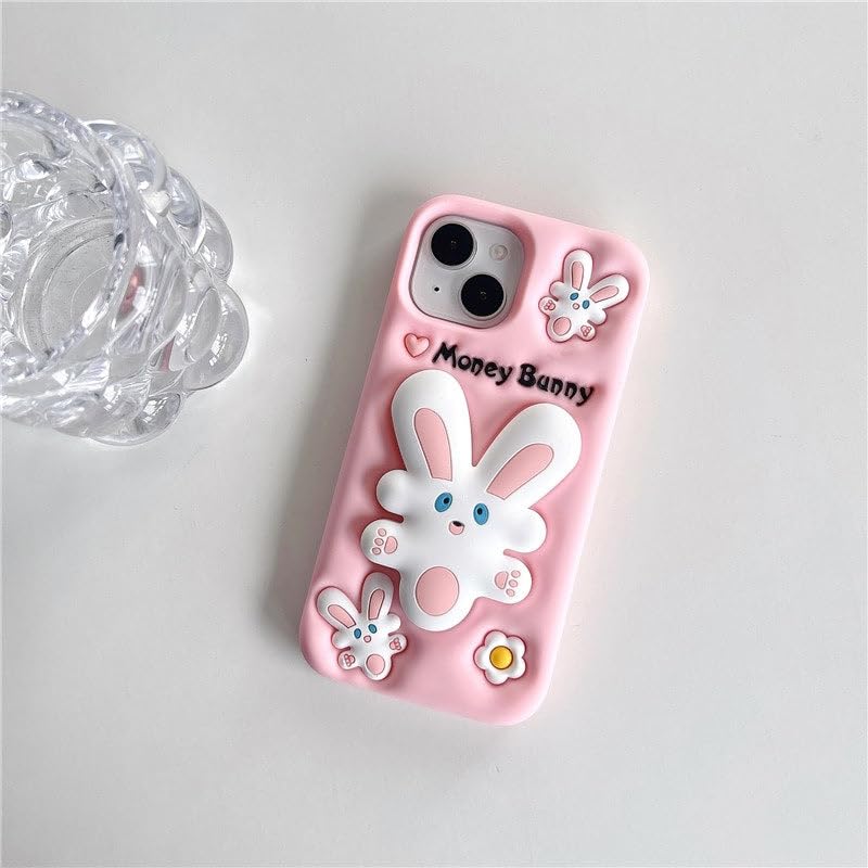 Image of COVERLY for iPhone 12 Pro 3D Money Bunny Rabbit Pop Case,Premium Silicone Cartoon Pastel Pink Color with Phone Holder Cool Full Protective Cute Kawaii Aesthetic Cover for Apple iPhone 12 Pro