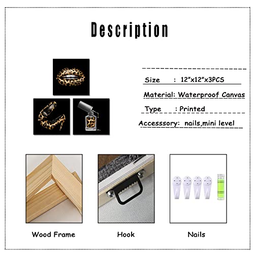 Tiuauit 3 Pieces Fashion Wall Art Leopard Print Lip High Heels Wall Pictures Modern Black Gold Painting Artwork For Bathroom Salon Decoration 12"X12"X3Pcs #TOP4