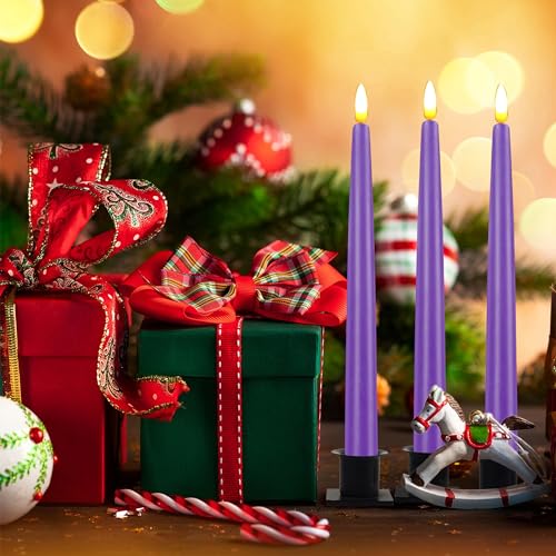 Image of CVHOMEDECO. Flameless Taper Candles with 10-Key Remote, Battery Operated Led Flickering 3D Wick Window Candles Real Wax Finished Home Christmas Party Decor 0.78 x 11 Inch, Pack of 3, Purple