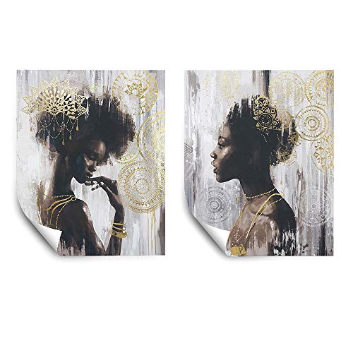 Pi Art Poster African American Gold Art Canvas Wall Art Set, Beauty Portrait Wall Painting Modern Wall Decor for Home Decoration (16x20 inch, A & B Unframed)