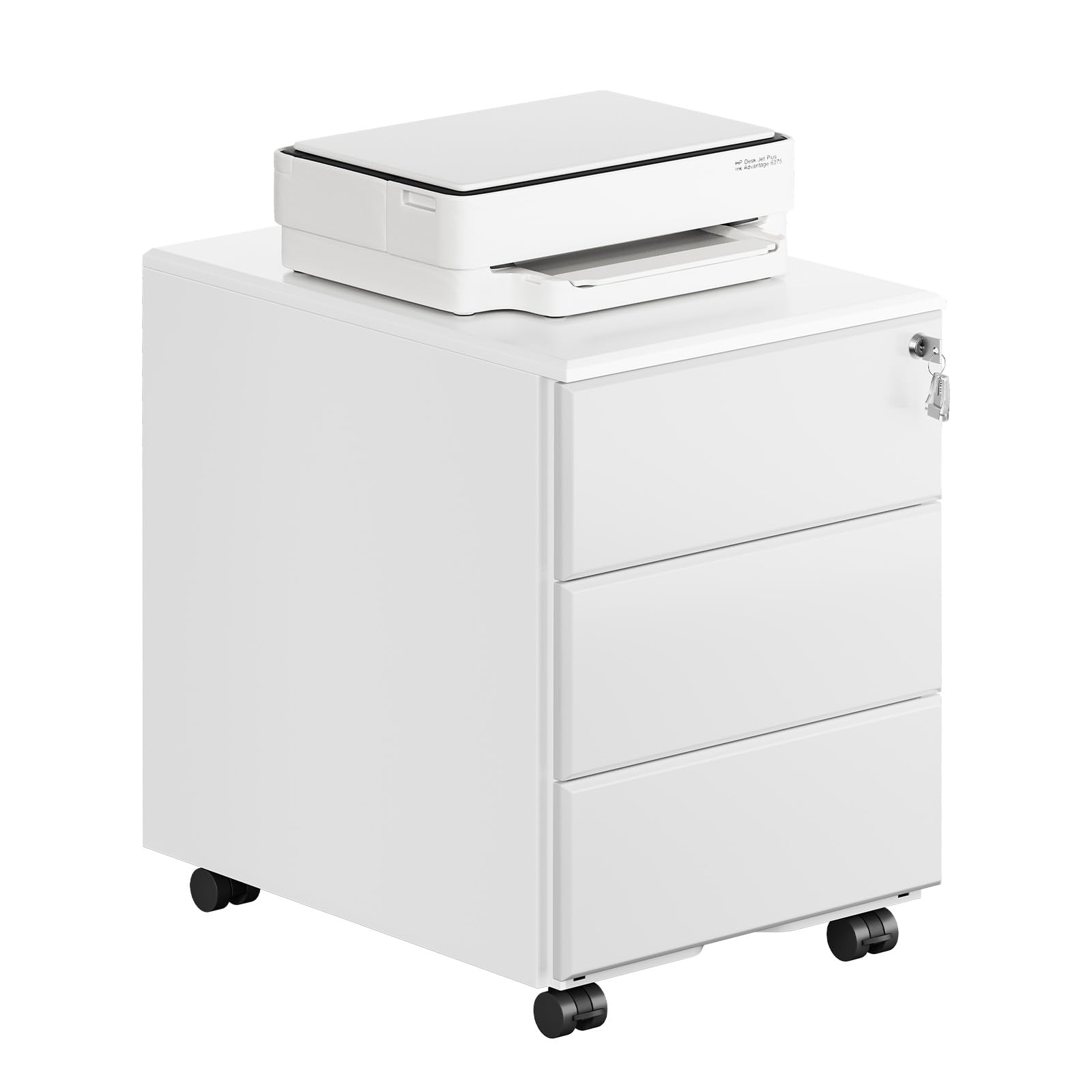 WOLTU Rollcontainer Metall, Mobiler Aktenschrank Büroschrank mit 3 Schubladen Bürocontainer, abschließbares und verstellbares Hängeregister, vormontiert, Büro, Home Office Weiß SK024ws