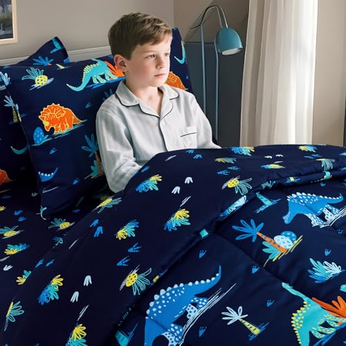 Image of david's kids 5 Piece Twin Comforter Set - Soft Breathable Bedding Twin Set for Boys Girls, Includes Quilted Comforter, Flat Sheet, Fitted Sheet, Pillowcase and Pillowsham, Dinosaur Navy