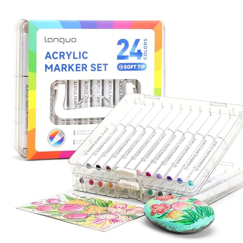 Image of languo 24 Colors Acrylic Paint Markers Pens Set, Soft Brush Tip Markers with Fast Drying & No-Bleed Ink, Acrylic Paint Pens for Rock, Wood, Egg, Ceramic, Fabric Painting, Art Supplies and DIY Crafts