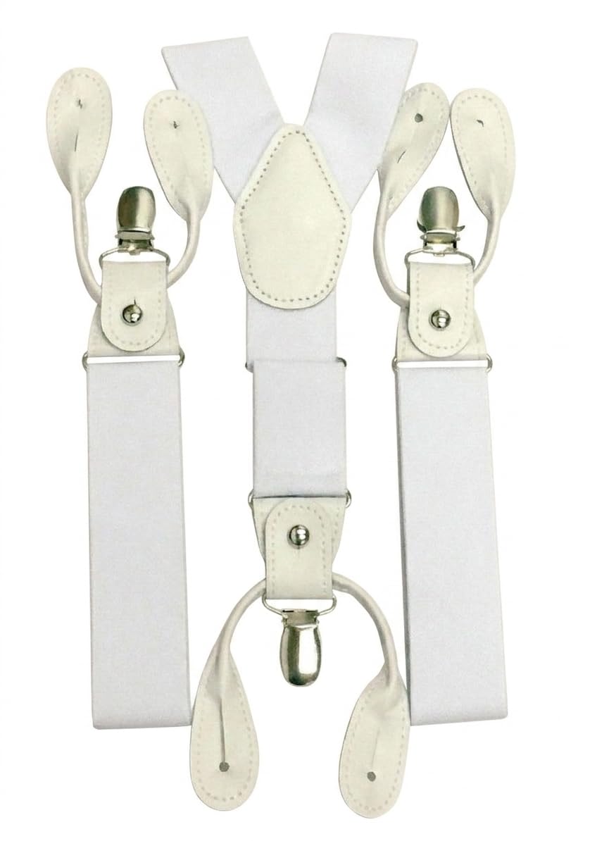 L&L® Mens Suspenders Braces with Clip & Syntheti Leather Button ON Strong 3.5 cm Wide (White)