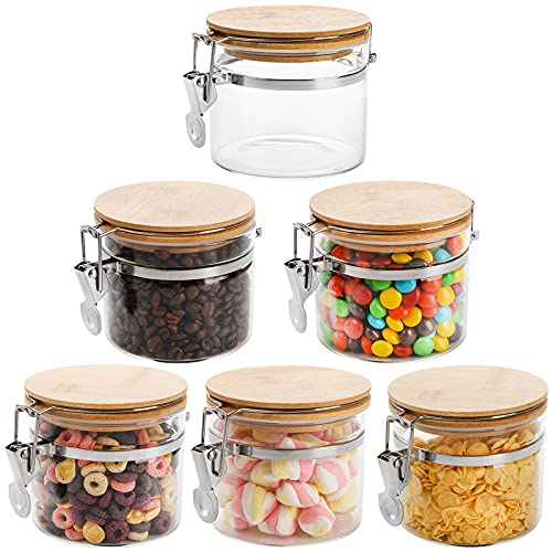Lawei Set of 6 Airtight Glass Jars with Bamboo Hinged Lid, 16 Oz Clear Glass Canister Set Food Storage Jars for Oats, Cereal, Coffee, Flour, Sugar, Candy, Cookie, Beans and More