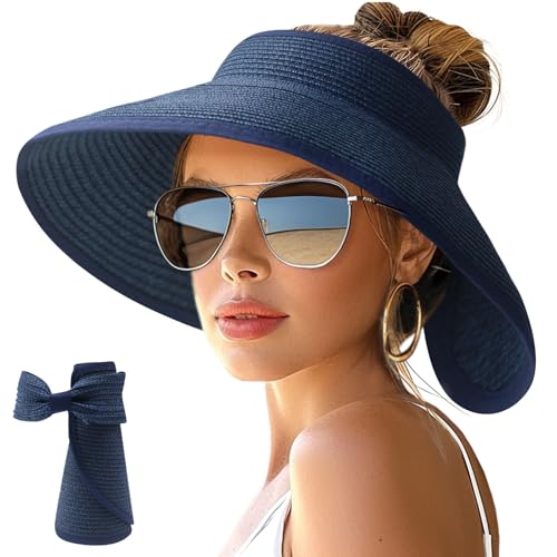 Image of NPJY Sun Hats for Women Wide Brim Roll-Up Beach Ponytail Hat Packable Foldable Travel Straw Visor