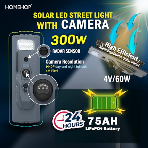 Image of Homehop Solar Light Outdoor Home Garden 300W Security Camera Street LED Lamp | Solar Street Light Outdoor Waterproof Automatic Motion Sensor for Road and Ground (75000mAh, Aluminium Alloy, Cool White)