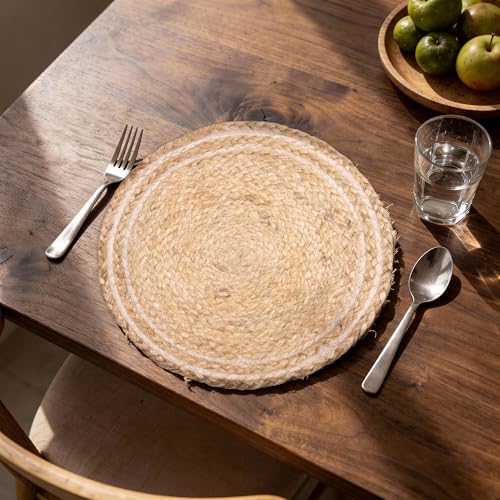 Image of Encasa XO Dining Table Mats Set of 6 | Jute Round Placemat - 32 cm Diameter | Off White & Jute Natural Bleach Color | Handmade Style Chargers for Dinner Plates