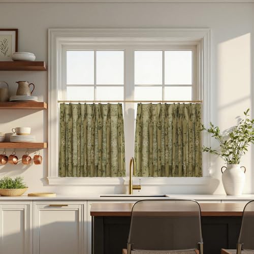 Image of TWOPAGES Pinch Pleat Floral Print Cafe Curtains, Ivy Brown, 52W x 45L