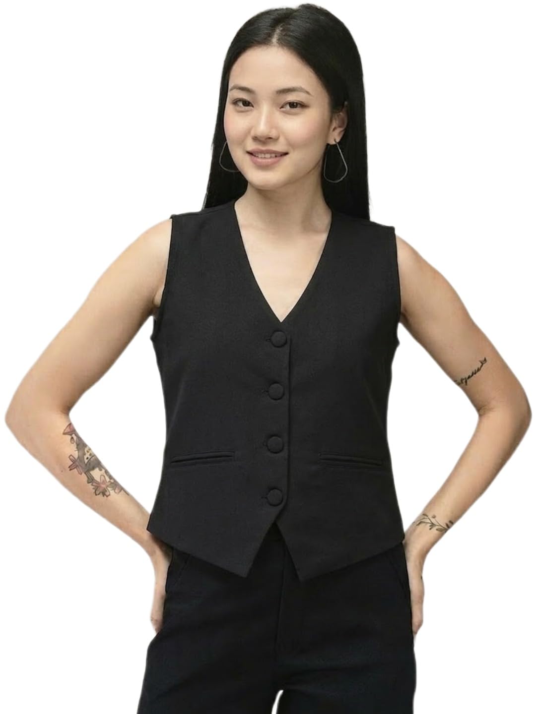 fnocks Women’s Solid Sleeveless Blazer Button-Down Casual Waistcoat Vest Top (IN, Alpha, L, Regular, Black)-picture-27