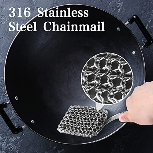 Image of Cast Iron Scrubber Brush with Handle Cast Iron Cleaner Chainmail Scrubber + Pan Scraper, 316 Chain Maille to Clean Pan Pot Skillet Grill Griddle Metal Scrub Wok Scrub Carbon Dutch Oven Carbon Cleaning