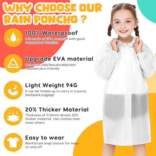 Image of BFONS Rain Ponchos for Kids, Reusable Raincoats for Boys Girls with Hood and Sleeves, Waterproof Rain Jackets for Travel Outdoor White 2PCS