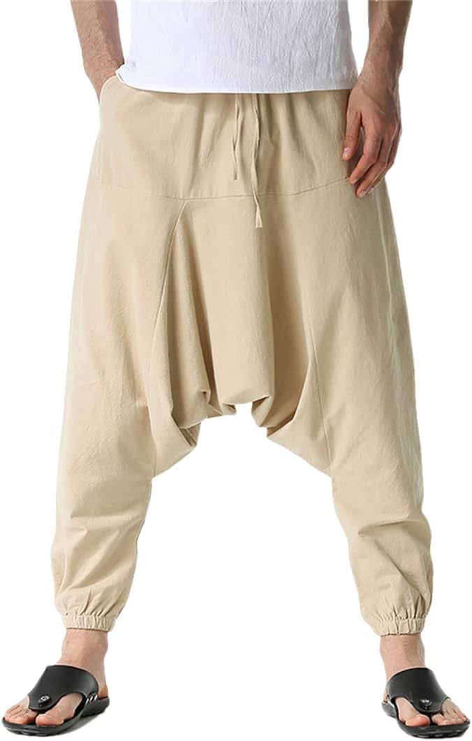 Bciopll Men Cotton Line Joggers Baggy Hippie Boho Cargo Pants Yoga Harem Pants