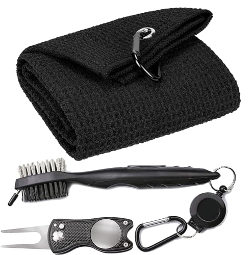 VIVIDLY Black 16" x 24" Waffle Pattern Tri-fold Golf Towel Set | Golf Club Brush | Golf Divot Tool