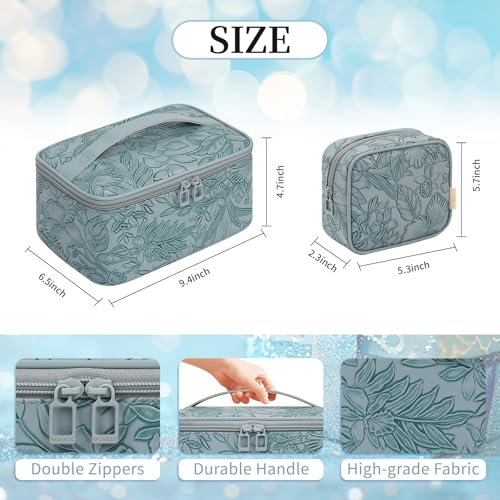 OCHEAL Makeup Bag Set, Portable Travel Makeup Bags Cosmetic Organizer Bag for Women Cute Floral Cosmetic Pouch Large Capacity Make up Bag PU Leather Toiletry Bags with Divider and Handle-Blue4