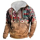 DYGUYTH Mens Aztec Hoodies,Tribal Aztec Ethnic Print Crewneck Sweatshirts Slim Casual Half Zip Hoodie Pullover Tops with Drawstring Pocket Brown Large