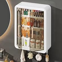 SHARUJA Wall Mounted Foldable Bathroom Cabinet With Double Door,5 Hooks & Top Shelf|PP Plastic Storage Organizer For Kitchen,Bathroom,Toiletries|No Drilling,40.5x32x13Cm,White & Transparent Brown