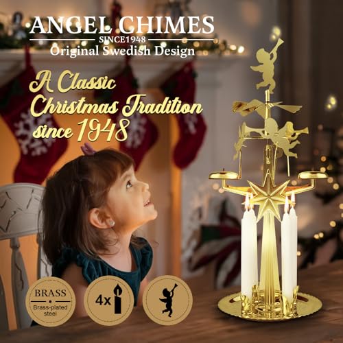 Original Swedish Angel Chimes, Carousel and 4 Candles – Scandinavian Spinning Festive Chimes for Christmas, Best Memorial Gift Since 1948, Home Decorations - Gold Brass - Image 3