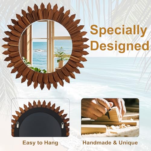 VETROVUE 24" Walnut Round Sunburst Wooden Mirror Boho Rustic Wall Decor by VETROVUE - Used condition - Image 5