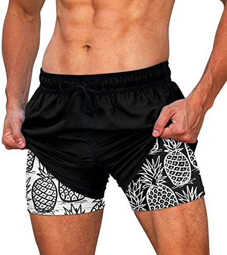 Cozople Men's Swim Trunks 5.5 Inseam Compression Lining Lightweight Bathing Suits Summer Beach Quick Dry Boxer Brief Lined Swim Shorts Black L